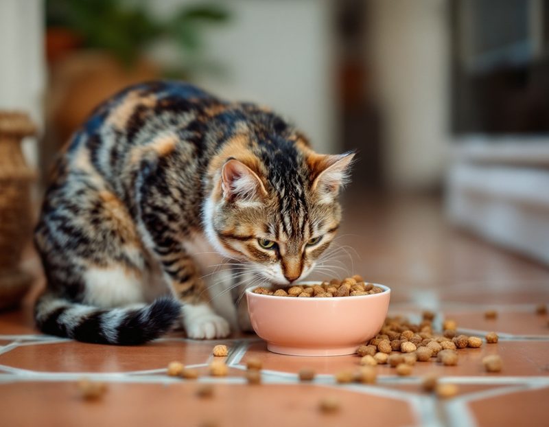 Chat tigré qui mange des croquettes dans une gamelle, sur un sol de tomettes